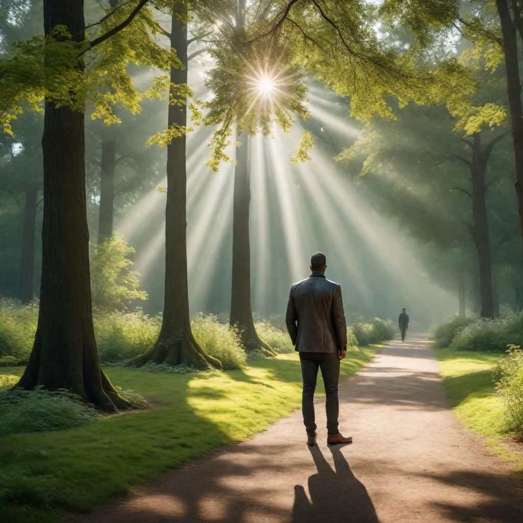  A realistic image of a person standing in a peaceful park surrounded by trees and sunlight. hyperrealistic, full body, detailed clothing, highly detailed, cinematic lighting, stunningly beautiful, intricate, sharp focus, f/1. 8, 85mm, (centered image composition), (professionally color graded), ((bright soft diffused light)), volumetric fog, trending on instagram, trending on tumblr, HDR 4K, 8K