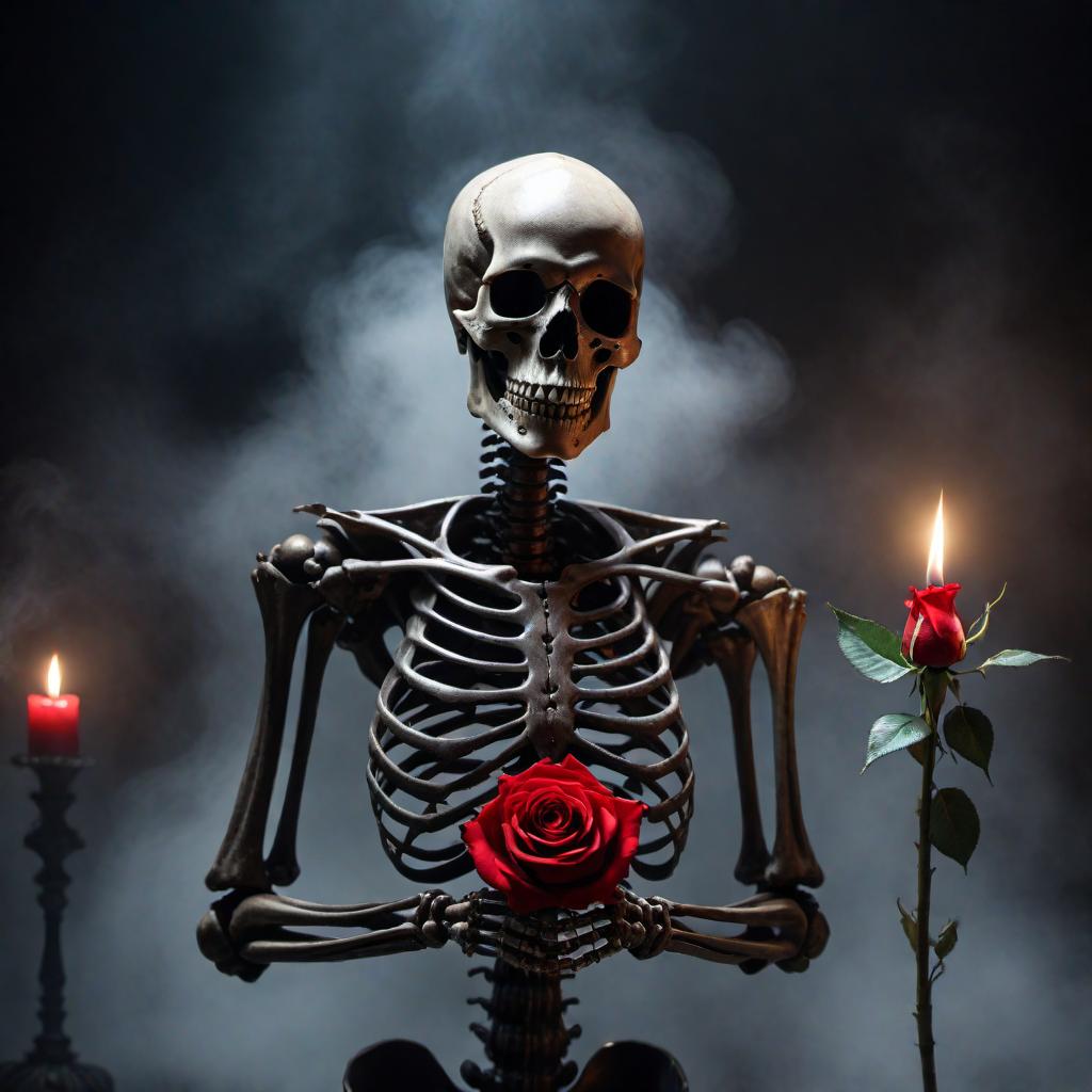  A skeleton holding a vibrant red rose in its bony hand, set against a dark and eerie background that enhances the gothic and mysterious atmosphere of the scene. hyperrealistic, full body, detailed clothing, highly detailed, cinematic lighting, stunningly beautiful, intricate, sharp focus, f/1. 8, 85mm, (centered image composition), (professionally color graded), ((bright soft diffused light)), volumetric fog, trending on instagram, trending on tumblr, HDR 4K, 8K