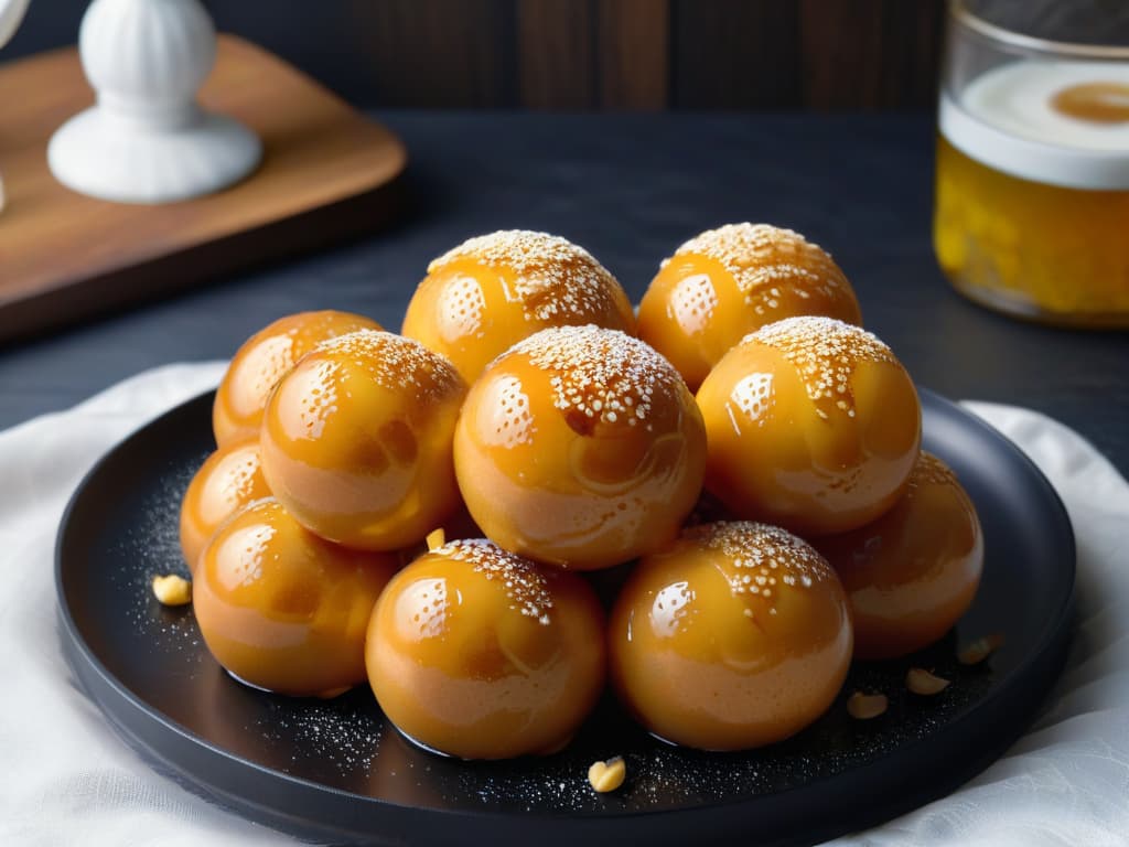  A closeup, ultradetailed image of goldenbrown luqaimat balls, perfectly round and glistening with a honey glaze. The balls are arranged in a neat stack on a sleek, matte black plate, with a drizzle of honey elegantly cascading down the sides. Each luqaimat is delicately sprinkled with sesame seeds, adding a touch of texture and contrast to the glossy surface. The lighting is soft and focused, highlighting the intricate details of the dough's crisp exterior and fluffy interior. hyperrealistic, full body, detailed clothing, highly detailed, cinematic lighting, stunningly beautiful, intricate, sharp focus, f/1. 8, 85mm, (centered image composition), (professionally color graded), ((bright soft diffused light)), volumetric fog, trending on instagram, trending on tumblr, HDR 4K, 8K