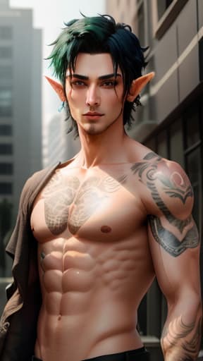  male, half-elf, short black hair, green eyes, tattoos, thin toned body, hyperrealistic, high quality, highly detailed, perfect lighting, intricate, sharp focus, f/1. 8, 85mm, (centered image composition), (professionally color graded), ((bright soft diffused light)), trending on instagram, HDR 4K, 8K