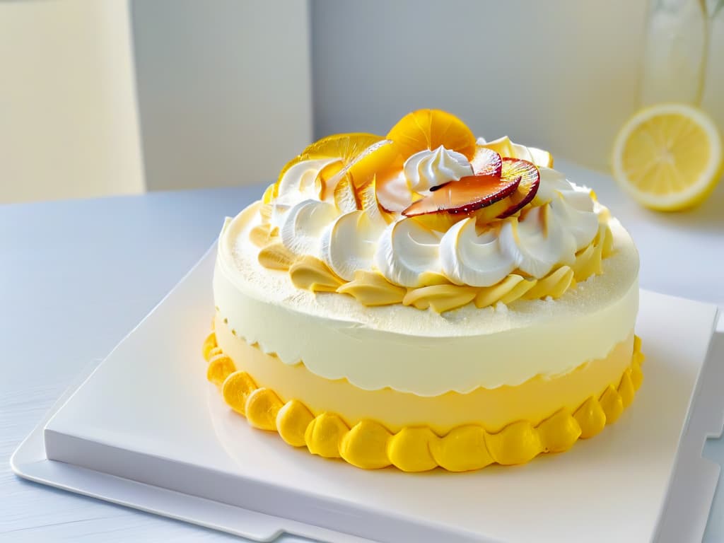  An ultradetailed image of a perfectly sliced lemon meringue pie showcasing layers of tangy lemon filling topped with fluffy goldenbrown meringue peaks, set on a sleek, white minimalist plate against a soft focus background of a sunny kitchen window streaming in natural light. hyperrealistic, full body, detailed clothing, highly detailed, cinematic lighting, stunningly beautiful, intricate, sharp focus, f/1. 8, 85mm, (centered image composition), (professionally color graded), ((bright soft diffused light)), volumetric fog, trending on instagram, trending on tumblr, HDR 4K, 8K