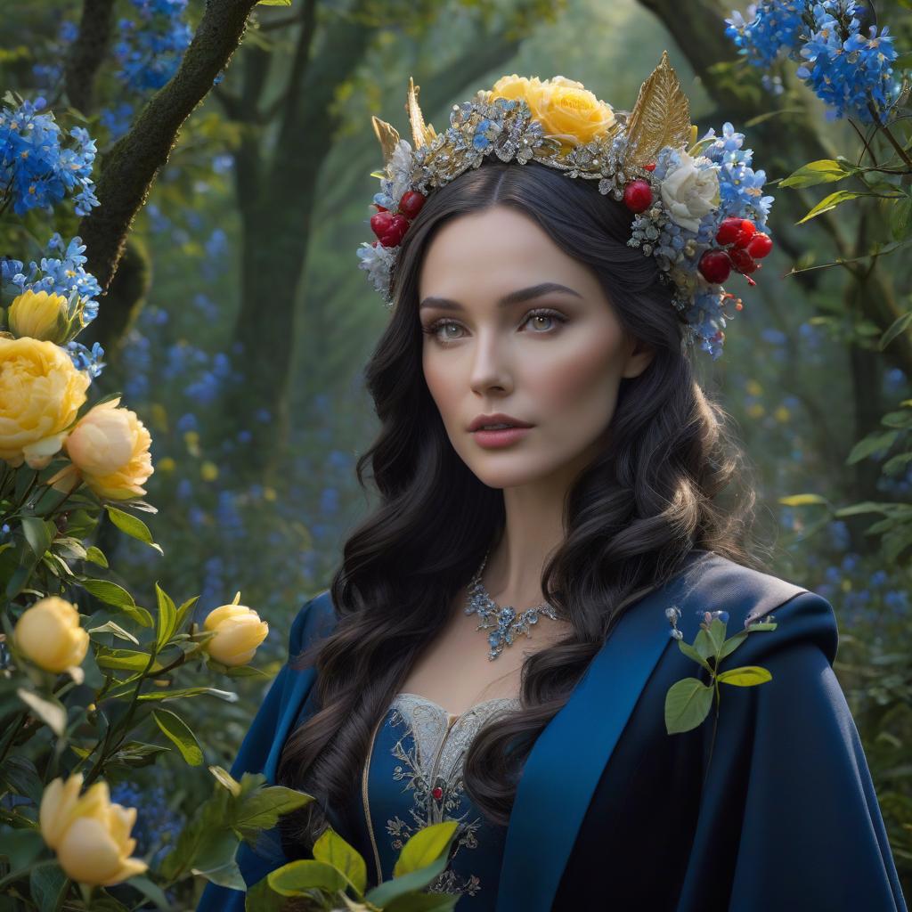  Luthien Tinuviel. A very pretty girl. Forest, silver crown on her forehead, blue coat. ((Sparkling rim)): spring field, hyacinths, roses, rosehips, rose hips, peonies, cherry tree, yellow, red, black flowers, forget me nots. hyperrealistic, full body, detailed clothing, highly detailed, cinematic lighting, stunningly beautiful, intricate, sharp focus, f/1. 8, 85mm, (centered image composition), (professionally color graded), ((bright soft diffused light)), volumetric fog, trending on instagram, trending on tumblr, HDR 4K, 8K