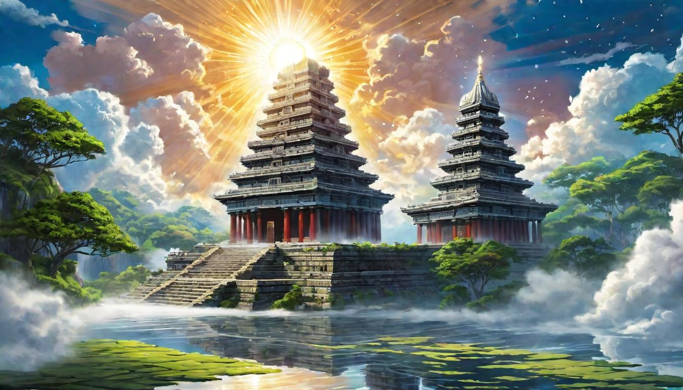  digital illustration, A beam of light piercing through clouds over an ancient temple, symbolizing shifts in consciousness, enlightenment, rejuvenation., looking at viewer, dynamic pose, (intricate details, masterpiece, best quality)