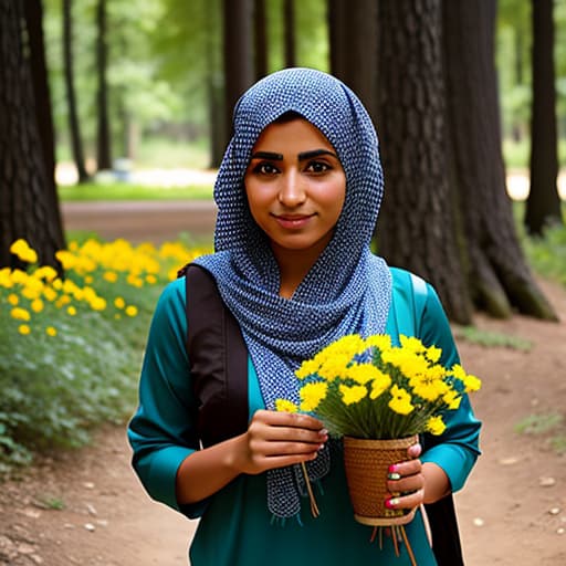  Middle eastern female, woods, outdoors, holding a bucay of flowers