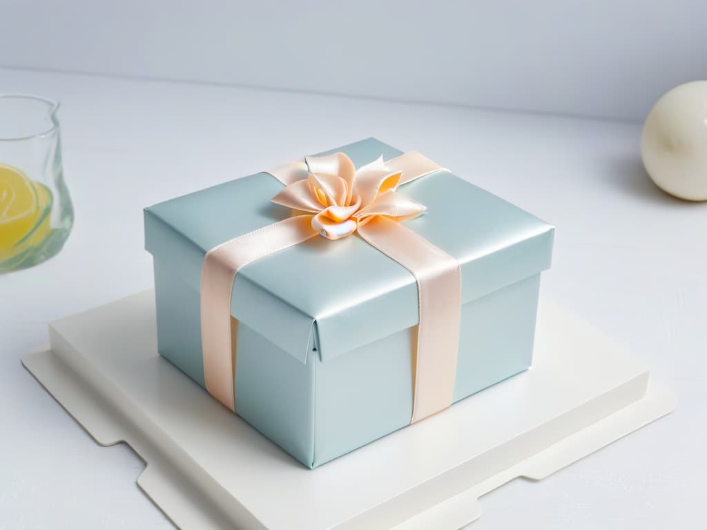  A minimalist, highresolution image of a beautifully crafted gift box tied with a luxurious satin ribbon in soft pastel colors, elegantly placed on a pristine white marble surface with soft, natural lighting casting gentle shadows, showcasing the art of sophisticated packaging for premium baked goods. hyperrealistic, full body, detailed clothing, highly detailed, cinematic lighting, stunningly beautiful, intricate, sharp focus, f/1. 8, 85mm, (centered image composition), (professionally color graded), ((bright soft diffused light)), volumetric fog, trending on instagram, trending on tumblr, HDR 4K, 8K