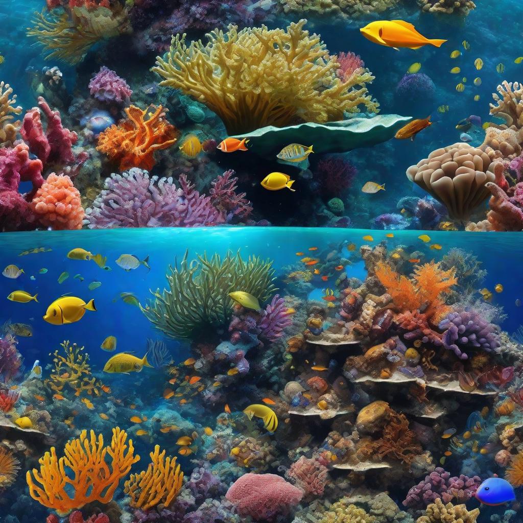  masterpiece, best quality, beautiful deep sea full of corals, diverse marine life and fascinating underwater landscapes with corals, appendages, small fish, anemones, dolphins, various algae, caves, colorful, 8k resolution and intricate detail