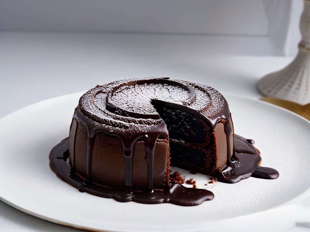  An ultradetailed closeup image of a decadent chocolate lava cake being sliced open, revealing a molten, gooey center oozing out onto a pristine white plate. The warm, rich chocolate contrasts beautifully against the clean, minimalist backdrop, showcasing the intricate textures and glossy sheen of the dessert. The image captures the moment of indulgence and sensory delight, perfectly encapsulating the essence of multisensorial desserts for special events. hyperrealistic, full body, detailed clothing, highly detailed, cinematic lighting, stunningly beautiful, intricate, sharp focus, f/1. 8, 85mm, (centered image composition), (professionally color graded), ((bright soft diffused light)), volumetric fog, trending on instagram, trending on tumblr, HDR 4K, 8K