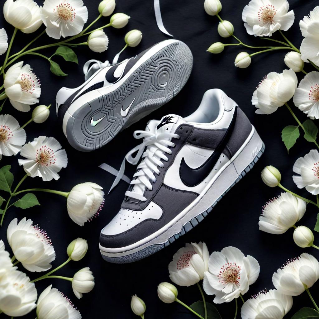  (best quality, masterpiece), (((high detail))), Nike shoe, white sneakers and cotton flowers in the background on a black background