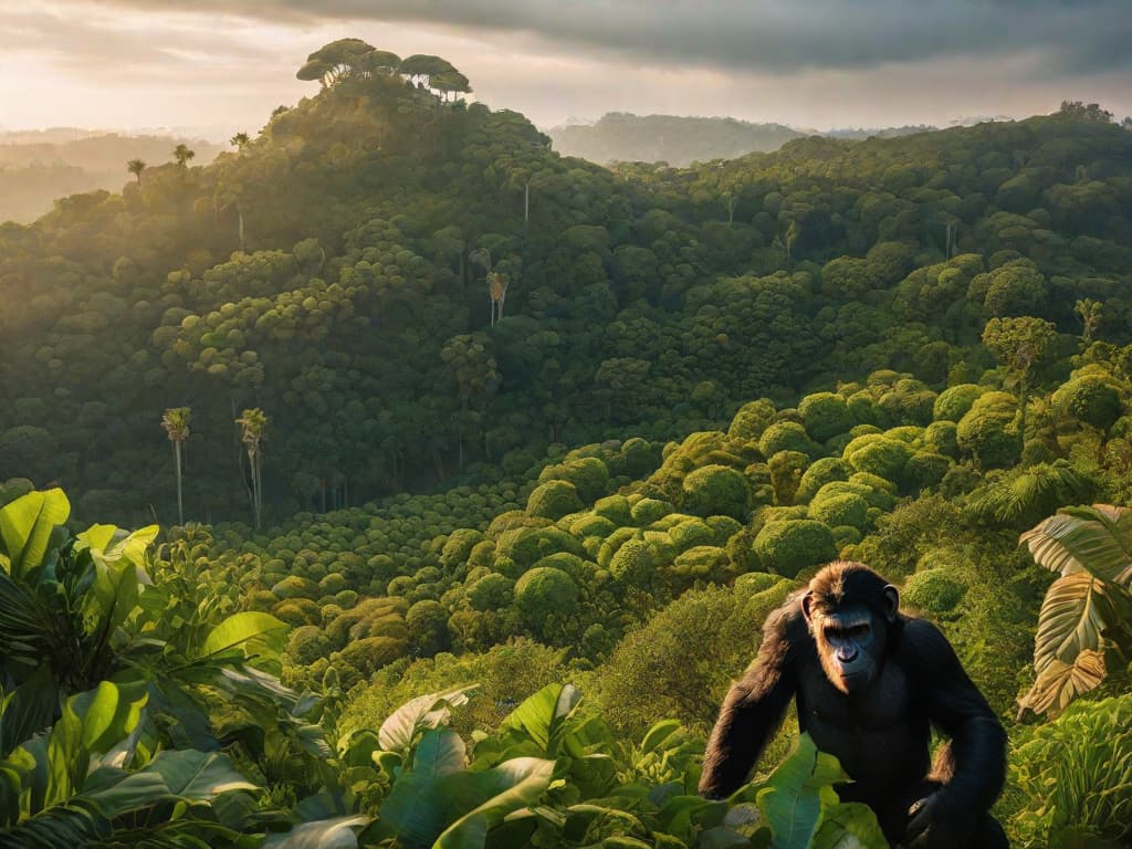  A promotional image for the new phase of the Planet of the Apes franchise, featuring a dramatic shot of a group of apes standing in the midst of a lush, overgrown jungle. The image captures the sense of epic scale and the promise of an expansive, immersive cinematic universe.digital art, ilustration hyperrealistic, full body, detailed clothing, highly detailed, cinematic lighting, stunningly beautiful, intricate, sharp focus, f/1. 8, 85mm, (centered image composition), (professionally color graded), ((bright soft diffused light)), volumetric fog, trending on instagram, trending on tumblr, HDR 4K, 8K