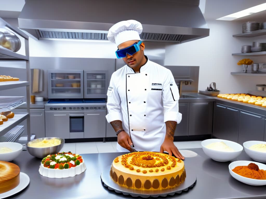  A photorealistic image showcasing a professional pastry chef in a modern kitchen, wearing a chef's uniform and using augmented reality glasses to enhance the baking process. The chef is surrounded by hightech kitchen equipment, with holographic images of ingredients floating around, adding a futuristic and inspirational touch to the traditional art of baking. hyperrealistic, full body, detailed clothing, highly detailed, cinematic lighting, stunningly beautiful, intricate, sharp focus, f/1. 8, 85mm, (centered image composition), (professionally color graded), ((bright soft diffused light)), volumetric fog, trending on instagram, trending on tumblr, HDR 4K, 8K