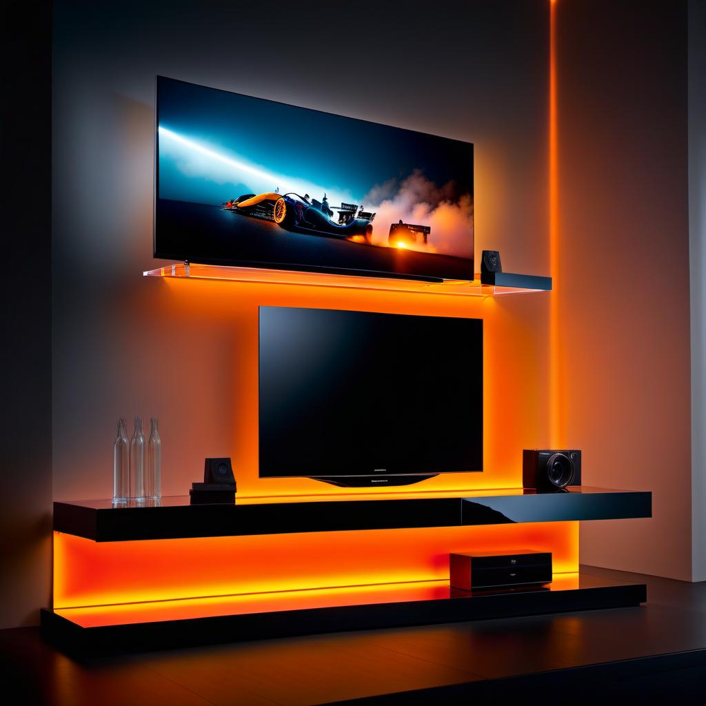  cinematic photo "A glass transparent hanging shelf above the TV, spanning the whole wall in a futuristic style with an orange backlight." . 35mm photograph, film, bokeh, professional, 4k, highly detailed hyperrealistic, full body, detailed clothing, highly detailed, cinematic lighting, stunningly beautiful, intricate, sharp focus, f/1. 8, 85mm, (centered image composition), (professionally color graded), ((bright soft diffused light)), volumetric fog, trending on instagram, trending on tumblr, HDR 4K, 8K