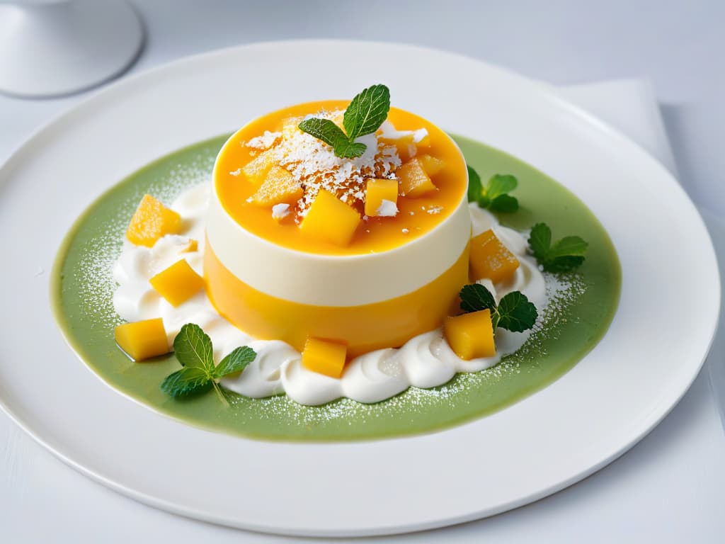  An exquisite minimalist closeup image of a delectable Mango and Coconut Panna Cotta, showcasing layers of creamy coconut and vibrant mango puree, garnished with fresh mint leaves and delicate shavings of toasted coconut on a sleek, modern white plate. The smooth texture and contrasting colors create a visually stunning and appetizing dessert display, perfect for enticing readers to explore the world of easytomake African desserts. hyperrealistic, full body, detailed clothing, highly detailed, cinematic lighting, stunningly beautiful, intricate, sharp focus, f/1. 8, 85mm, (centered image composition), (professionally color graded), ((bright soft diffused light)), volumetric fog, trending on instagram, trending on tumblr, HDR 4K, 8K