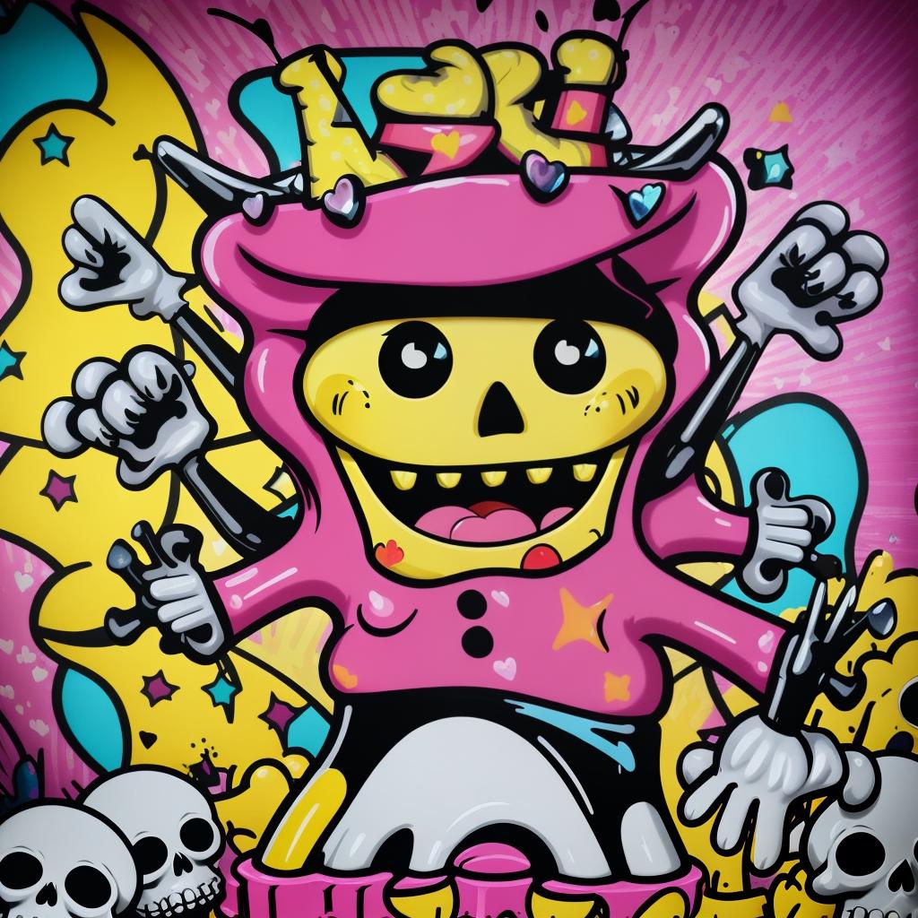  evil sponge bob with a large knife, high contrast, 3d octane render, ornate pop art painting, X's for eyes, gooey, graffiti inspired skulls, stars, hearts