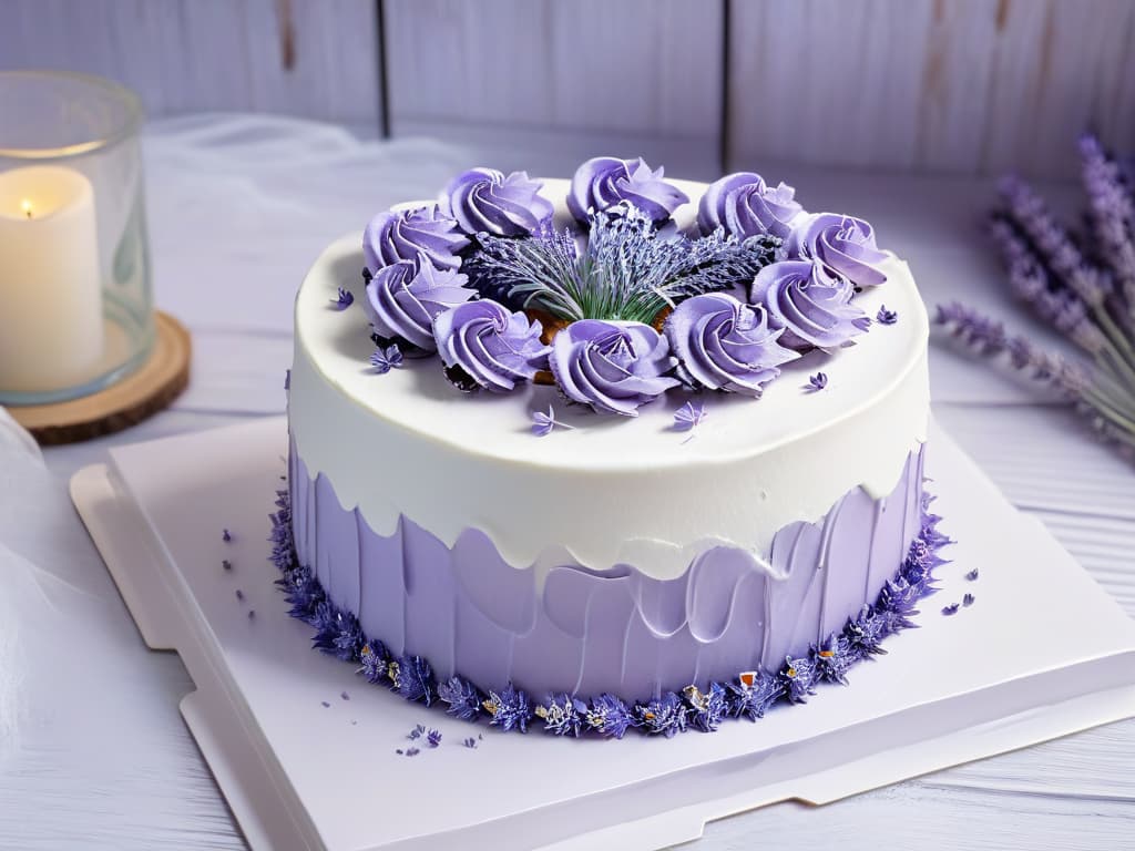  A photorealistic image of a lavishly decorated lavenderinfused cake sitting on a rustic wooden table. The cake is adorned with delicate purple lavender flowers and drizzled with a light lavender glaze, creating a stunning visual centerpiece. Surrounding the cake are fresh sprigs of lavender, adding a touch of natural elegance to the composition. The lighting is soft and warm, casting gentle shadows that enhance the texture and details of the cake's intricate decorations. This image captures the essence of a modern, trendy lavenderflavored dessert, inviting viewers to indulge in its exquisite beauty and flavor. hyperrealistic, full body, detailed clothing, highly detailed, cinematic lighting, stunningly beautiful, intricate, sharp focus, f/1. 8, 85mm, (centered image composition), (professionally color graded), ((bright soft diffused light)), volumetric fog, trending on instagram, trending on tumblr, HDR 4K, 8K