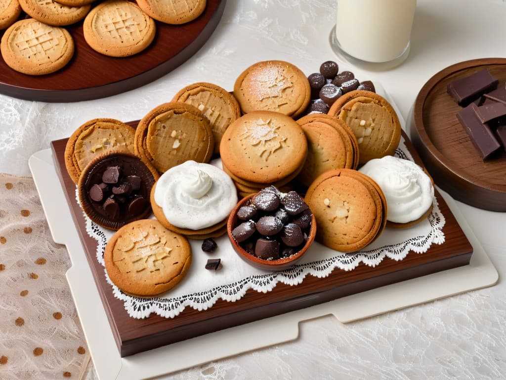  A photorealistic image of a rustic wooden table elegantly set with a variety of freshly baked gourmet oatmeal cookies. The cookies are perfectly golden brown, studded with chunks of dark chocolate and dried cranberries, and sprinkled with a light dusting of powdered sugar. A delicate lace doily peeks out from beneath the cookies, serving as a charming backdrop to the delectable treats. The soft lighting in the image highlights the textures of the cookies, showcasing their homemade appeal and irresistible allure. hyperrealistic, full body, detailed clothing, highly detailed, cinematic lighting, stunningly beautiful, intricate, sharp focus, f/1. 8, 85mm, (centered image composition), (professionally color graded), ((bright soft diffused light)), volumetric fog, trending on instagram, trending on tumblr, HDR 4K, 8K