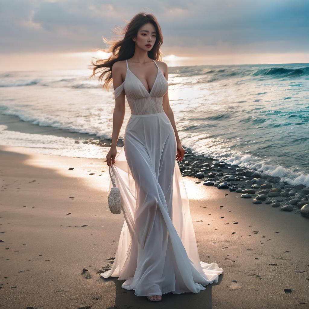  Girl on the beach hyperrealistic, full body, detailed clothing, highly detailed, cinematic lighting, stunningly beautiful, intricate, sharp focus, f/1. 8, 85mm, (centered image composition), (professionally color graded), ((bright soft diffused light)), volumetric fog, trending on instagram, trending on tumblr, HDR 4K, 8K