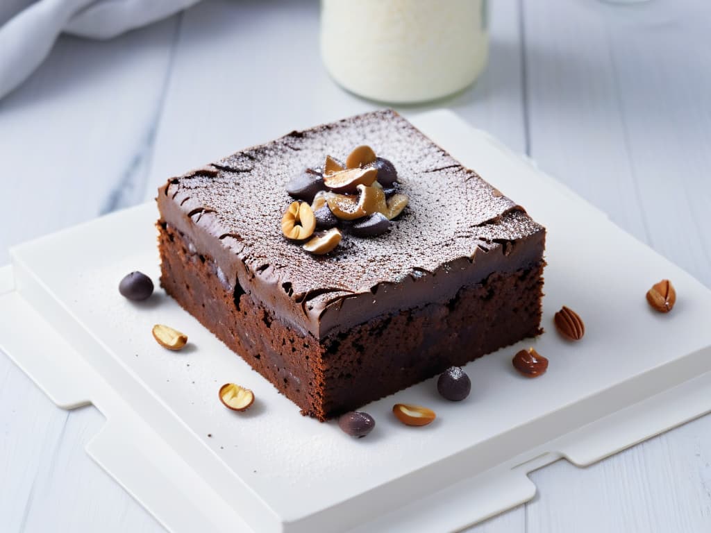  A closeup, ultradetailed image of a decadent chocolate protein brownie with a glossy ganache topping, sprinkled with crushed nuts and a dusting of cocoa powder. The brownie is placed on a sleek, modern white plate, emphasizing its rich texture and inviting appearance. The focus is on the intricate layers of the brownie, showcasing its moist interior and fudgy consistency, while the elegant presentation adds a touch of sophistication to the overall aesthetic. hyperrealistic, full body, detailed clothing, highly detailed, cinematic lighting, stunningly beautiful, intricate, sharp focus, f/1. 8, 85mm, (centered image composition), (professionally color graded), ((bright soft diffused light)), volumetric fog, trending on instagram, trending on tumblr, HDR 4K, 8K