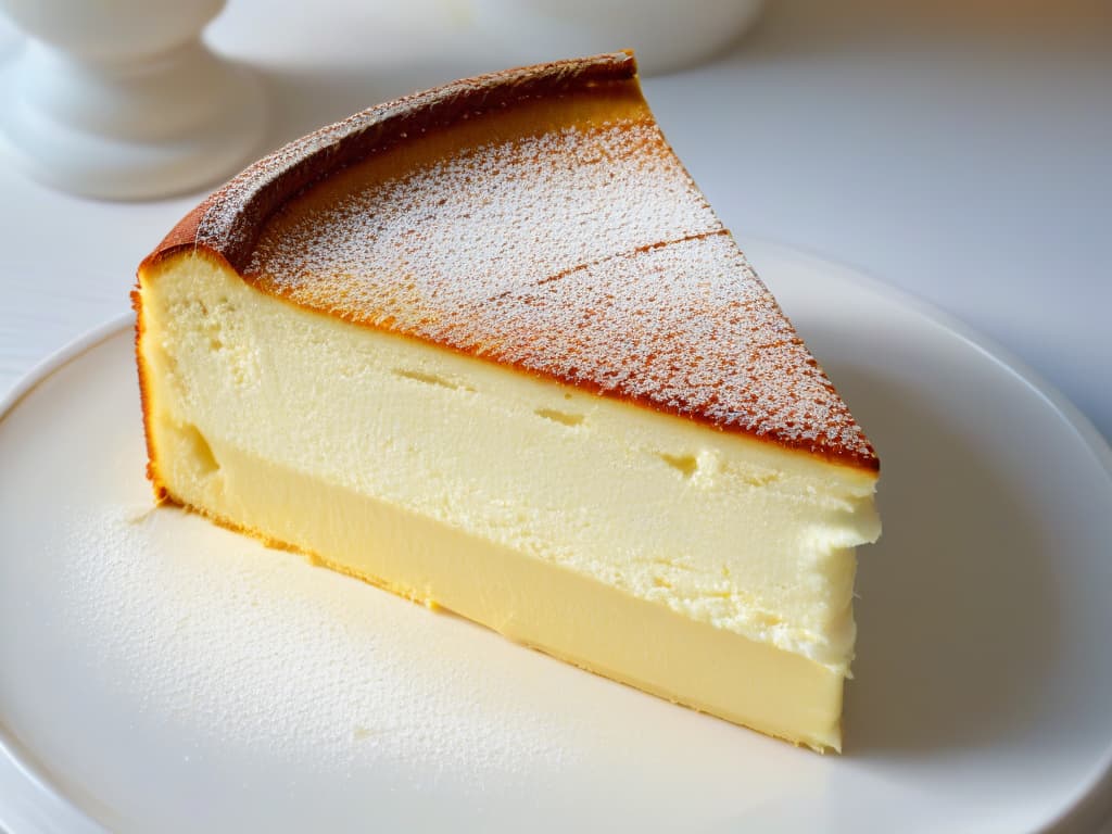  An ultrahigh resolution closeup image of a perfectly baked Japanese cheesecake, showcasing its delicate, fluffy texture and golden brown top crust. The minimalistic style highlights the cake's smooth surface, adorned only by a light dusting of powdered sugar. The image captures the essence of this authentic dessert, making viewers eager to dive into the article and discover the secrets behind creating such a delectable treat. hyperrealistic, full body, detailed clothing, highly detailed, cinematic lighting, stunningly beautiful, intricate, sharp focus, f/1. 8, 85mm, (centered image composition), (professionally color graded), ((bright soft diffused light)), volumetric fog, trending on instagram, trending on tumblr, HDR 4K, 8K