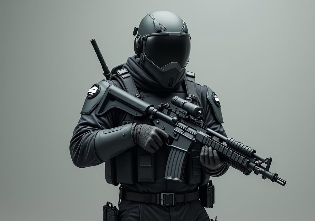  good quality, high quality, a black ops soldier, armed with very sleek looking equipments, t, pockets and tools and minimalist weapons more modern looking like a subtle grey power ranger suit