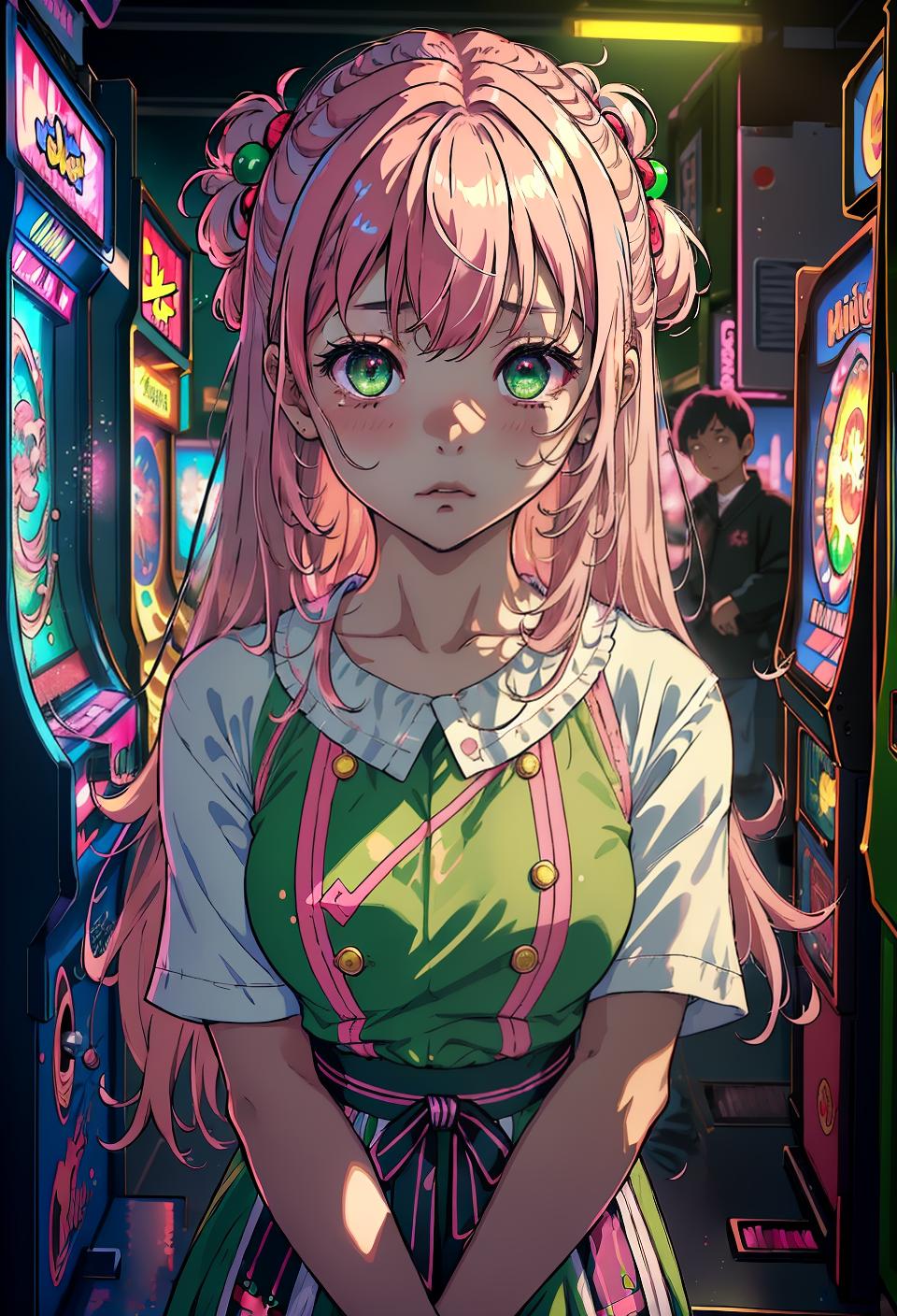  ((trending, highres, masterpiece, cinematic shot)), 1girl, chibi, female religious outfit, arcade scene, medium-length messy pink hair, side-swept bangs, large green eyes, calm personality, sleepy expression, dark skin, magical, lucky