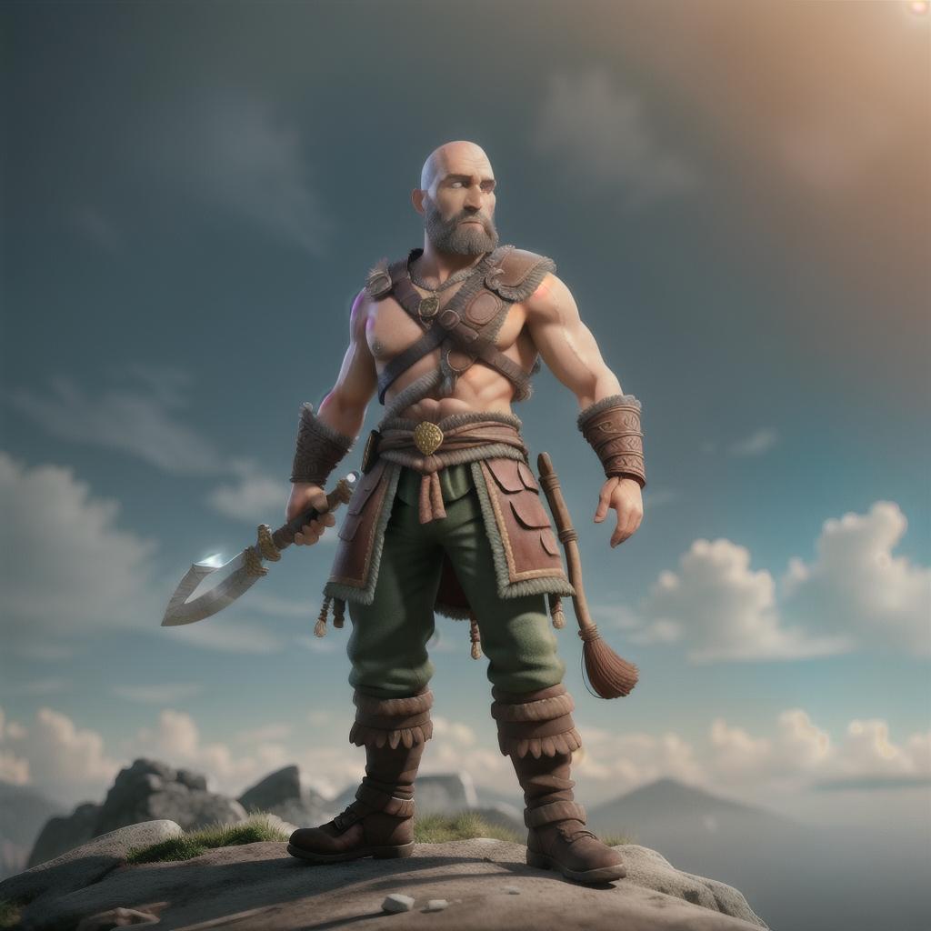  God of war hyperrealistic, full body, detailed clothing, highly detailed, cinematic lighting, stunningly beautiful, intricate, sharp focus, f/1. 8, 85mm, (centered image composition), (professionally color graded), ((bright soft diffused light)), volumetric fog, trending on instagram, trending on tumblr, HDR 4K, 8K