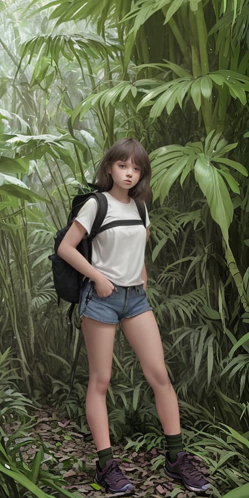  girl-in the jungle, in shorts, with a backpack