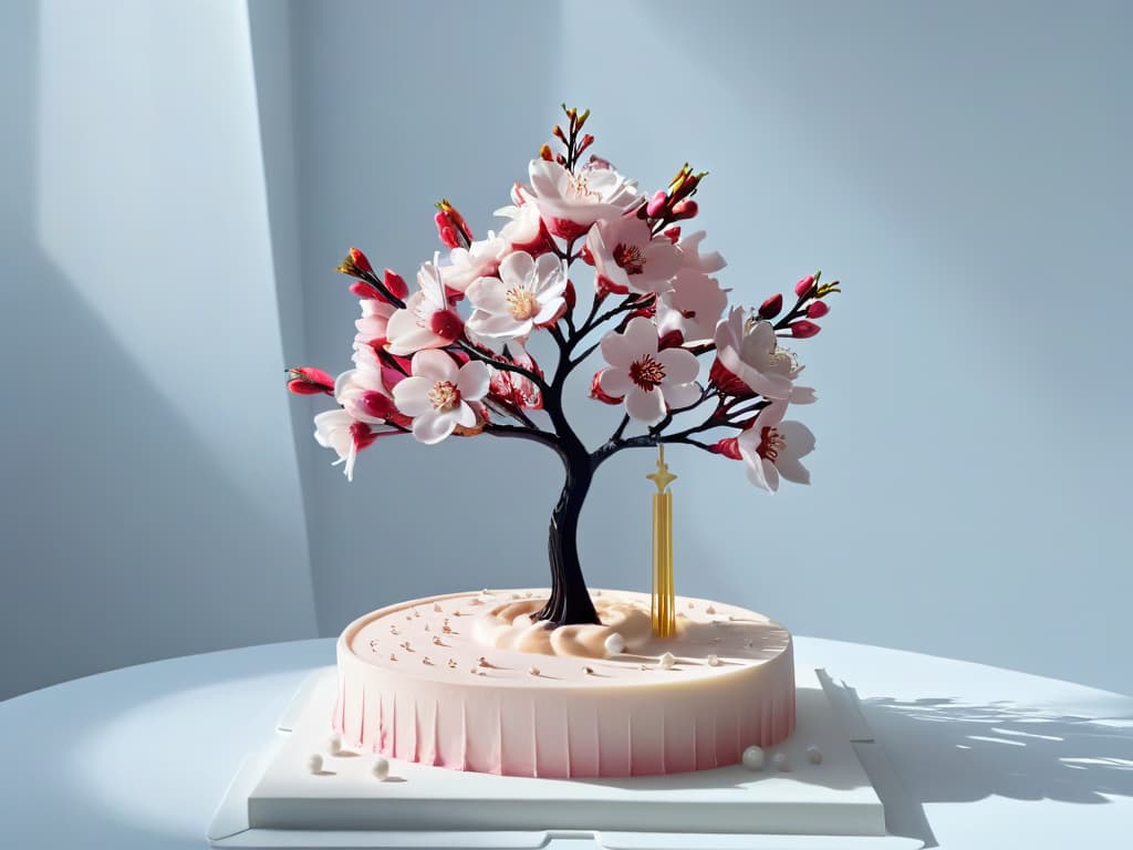  An ultradetailed 8k image of a delicate, intricate sugar sculpture of a blossoming cherry tree created using 3D printing technology. The sculpture is set against a soft, pastelcolored background, highlighting the fine details and precision of the 3D printing process in creating edible art. The cherry blossoms are in full bloom, with each petal and branch elegantly crafted to showcase the fusion of technology and artistry in sustainable pastry design. hyperrealistic, full body, detailed clothing, highly detailed, cinematic lighting, stunningly beautiful, intricate, sharp focus, f/1. 8, 85mm, (centered image composition), (professionally color graded), ((bright soft diffused light)), volumetric fog, trending on instagram, trending on tumblr, HDR 4K, 8K