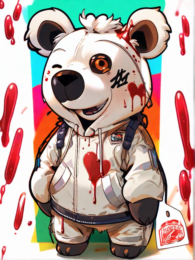  , a cute guilt robot bear, sticker, akira toriyama , white background,murder bear, bloody , dripping blood,bloody trump head on ground<lora:halloween-makeup:0.9380552704105101><lora:illustration-style:0.5895297976427594><lora:rionrtlora:0.009435480412516073><lora:margiela-ss24:0.35833211775159257> hyperrealistic, full body, detailed clothing, highly detailed, cinematic lighting, stunningly beautiful, intricate, sharp focus, f/1. 8, 85mm, (centered image composition), (professionally color graded), ((bright soft diffused light)), volumetric fog, trending on instagram, trending on tumblr, HDR 4K, 8K