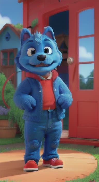  {Max the big blue dog standing in front of a cozy little house with a red door, The big blue dog is large with sky blue fur, big round eyes, a black nose, and floppy ears.