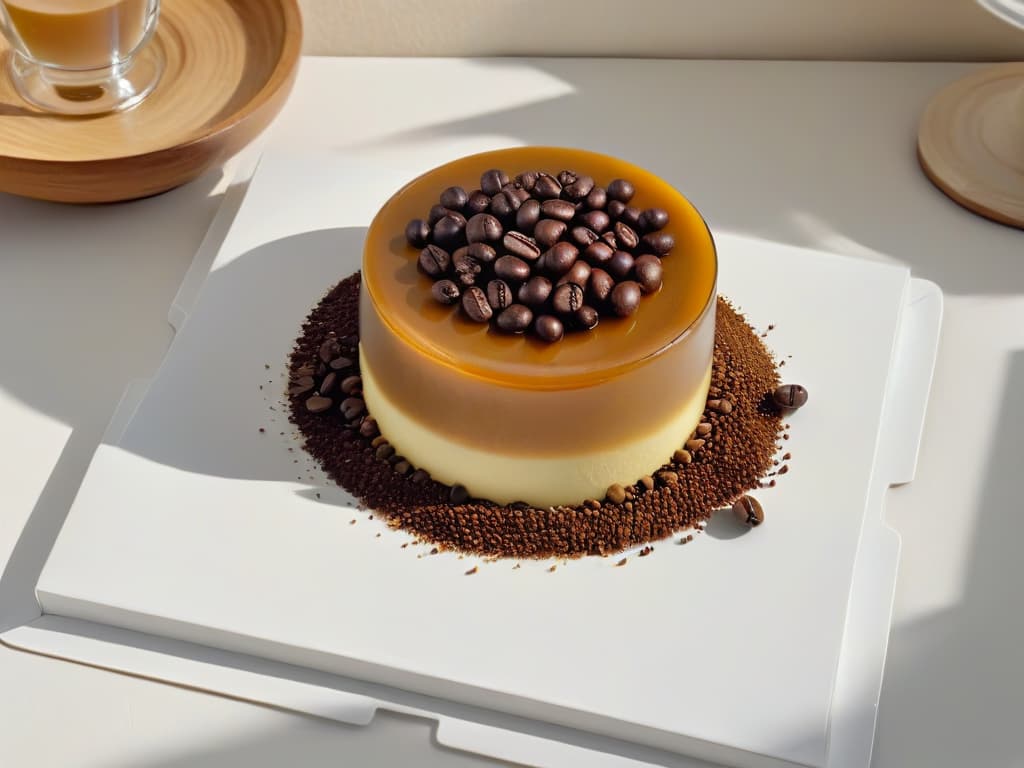  An 8k ultradetailed image of a sleek, modern glass bowl filled with a perfectly smooth and creamy flan de café descafeinado, topped with a delicate sprinkle of finely ground decaffeinated coffee beans and a single elegant coffee bean resting on the surface, set against a soft, neutral background that enhances the minimalist aesthetic of the dessert. hyperrealistic, full body, detailed clothing, highly detailed, cinematic lighting, stunningly beautiful, intricate, sharp focus, f/1. 8, 85mm, (centered image composition), (professionally color graded), ((bright soft diffused light)), volumetric fog, trending on instagram, trending on tumblr, HDR 4K, 8K