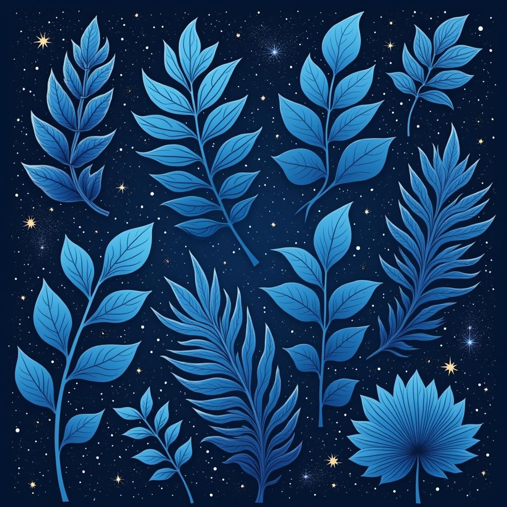  good quality, high quality, collection of blue tropical leaves and foliage plants set against a cosmic space background.