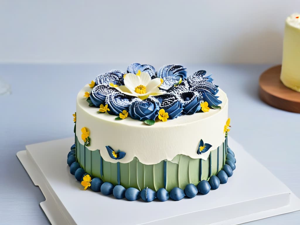  A highresolution, minimalist image of a beautifully decorated vegan cake, featuring intricate details such as edible flowers, perfectly piped frosting swirls, and delicate garnishes like berries and mint leaves. The cake is placed on a sleek, modern cake stand against a clean, uncluttered background, highlighting the artistry and elegance of vegan cake decoration. hyperrealistic, full body, detailed clothing, highly detailed, cinematic lighting, stunningly beautiful, intricate, sharp focus, f/1. 8, 85mm, (centered image composition), (professionally color graded), ((bright soft diffused light)), volumetric fog, trending on instagram, trending on tumblr, HDR 4K, 8K