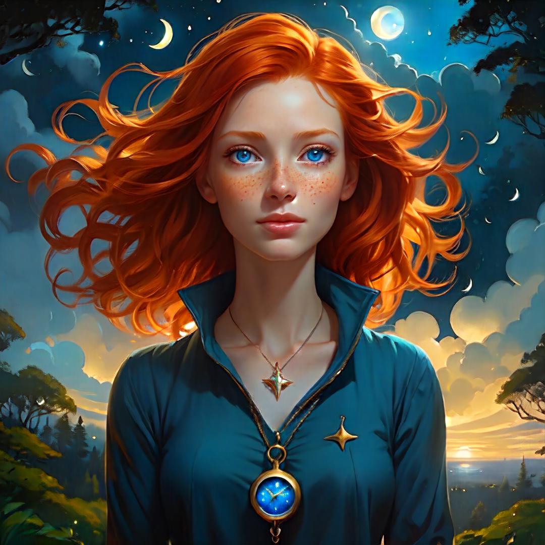  Woman 45 redhead with blue eyes and freckles. Highly-detailed, in modern style park, coquettish. style of esao andrews, pendant. Night and day at the same time and place stars crescent-moon, sun forest pocked watch, sundial, raining, beautiful, perfect eyes, moth, fireflies, ocean in the far distance , Highly defined, highly detailed, sharp focus, (centered image composition), 4K, 8K