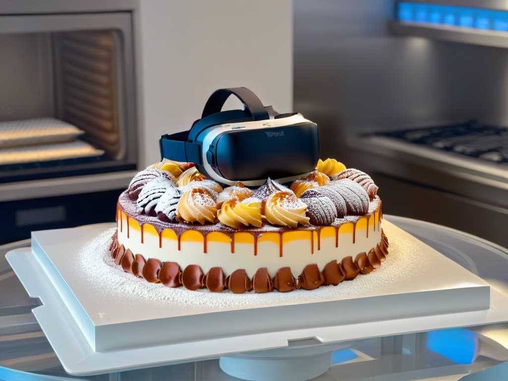  A photorealistic image of a virtual reality headset with intricate dessert designs floating in the air around it. The headset is surrounded by a soft glow, highlighting the fine details of the virtual pastries and cakes. The background shows a futuristic kitchen setting with advanced baking equipment, creating a blend of traditional and modern elements. hyperrealistic, full body, detailed clothing, highly detailed, cinematic lighting, stunningly beautiful, intricate, sharp focus, f/1. 8, 85mm, (centered image composition), (professionally color graded), ((bright soft diffused light)), volumetric fog, trending on instagram, trending on tumblr, HDR 4K, 8K