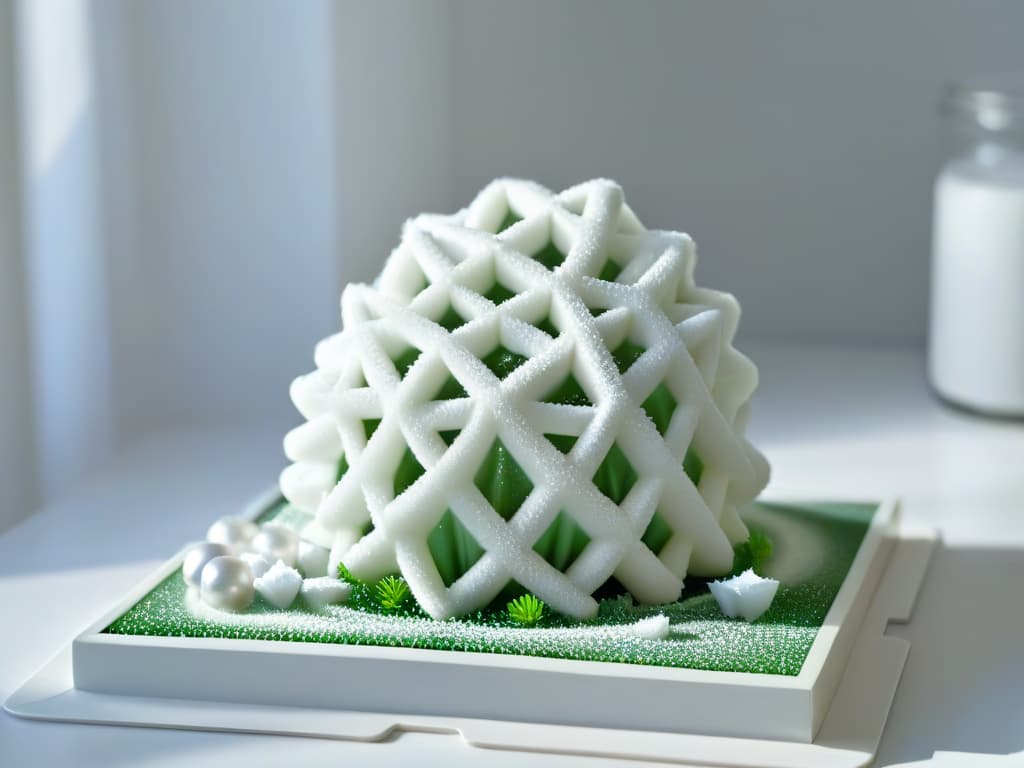  A minimalist, ultradetailed image of a delicate, intricately constructed sugar sculpture resembling a molecular structure, with precise geometric patterns and translucent elements catching the light in a sleek, modern kitchen setting. hyperrealistic, full body, detailed clothing, highly detailed, cinematic lighting, stunningly beautiful, intricate, sharp focus, f/1. 8, 85mm, (centered image composition), (professionally color graded), ((bright soft diffused light)), volumetric fog, trending on instagram, trending on tumblr, HDR 4K, 8K