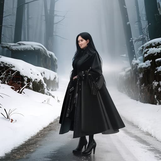  A woman with long hair and a black jacket is looking at the camera.𝓟𝓐𝓥𝓘 hyperrealistic, full body, detailed clothing, highly detailed, cinematic lighting, stunningly beautiful, intricate, sharp focus, f/1. 8, 85mm, (centered image composition), (professionally color graded), ((bright soft diffused light)), volumetric fog, trending on instagram, trending on tumblr, HDR 4K, 8K