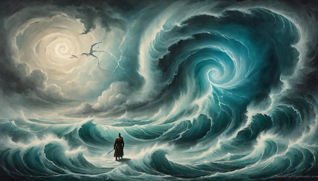  on parchment, surrealism+++, An individual standing calmly at the eye of a hurricane, elements in turmoil around, yet untouched, equilibrium amidst upheaval, center of calm(mysterious, provocative, symbolic,muted color)+++