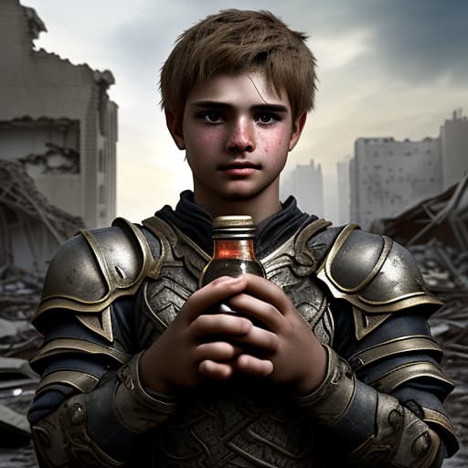  hero of a fantasy game. in a destroyed city. holding in his hands the last hope for life that is in a bottle