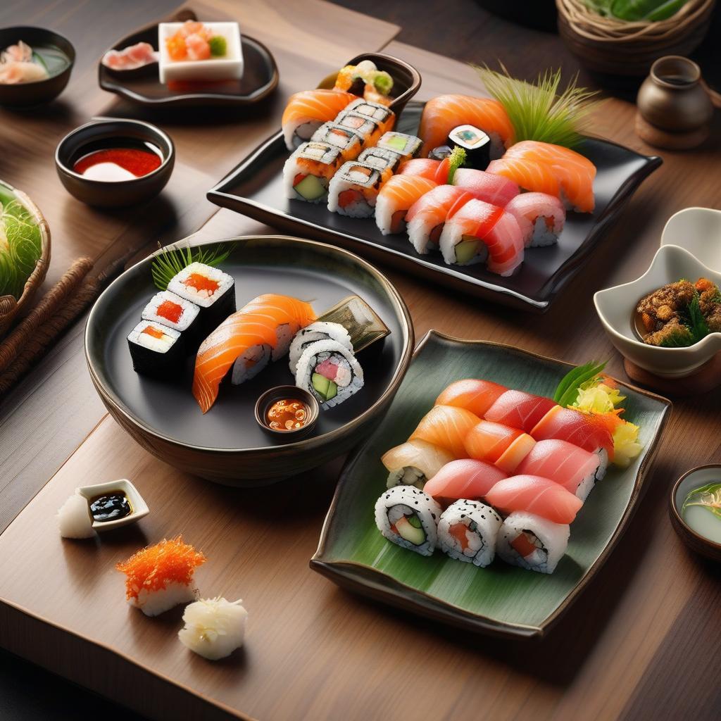  Japanese cuisine, sushi rolls on a plate, beautifully served table, realism, high detail hyperrealistic, full body, detailed clothing, highly detailed, cinematic lighting, stunningly beautiful, intricate, sharp focus, f/1. 8, 85mm, (centered image composition), (professionally color graded), ((bright soft diffused light)), volumetric fog, trending on instagram, trending on tumblr, HDR 4K, 8K