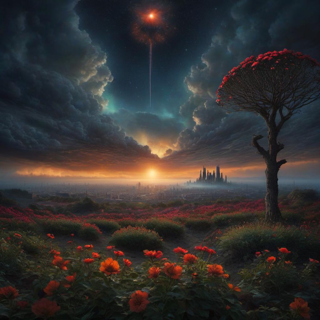  (stylized by Tomasz Alen Kopera:1.3) , dark art, dense flower field and Perseid meteor in background, landscape of a (Barcelona:1.2) , very Bizarre and 1600'S, Hurricane, Glitchcore, Amaro, layered textures, ornate, intricate artistic color, complimentary colors, very inspirational, atmosphere, fine artistic composition, sunny, theatrical hyperrealistic, full body, detailed clothing, highly detailed, cinematic lighting, stunningly beautiful, intricate, sharp focus, f/1. 8, 85mm, (centered image composition), (professionally color graded), ((bright soft diffused light)), volumetric fog, trending on instagram, trending on tumblr, HDR 4K, 8K