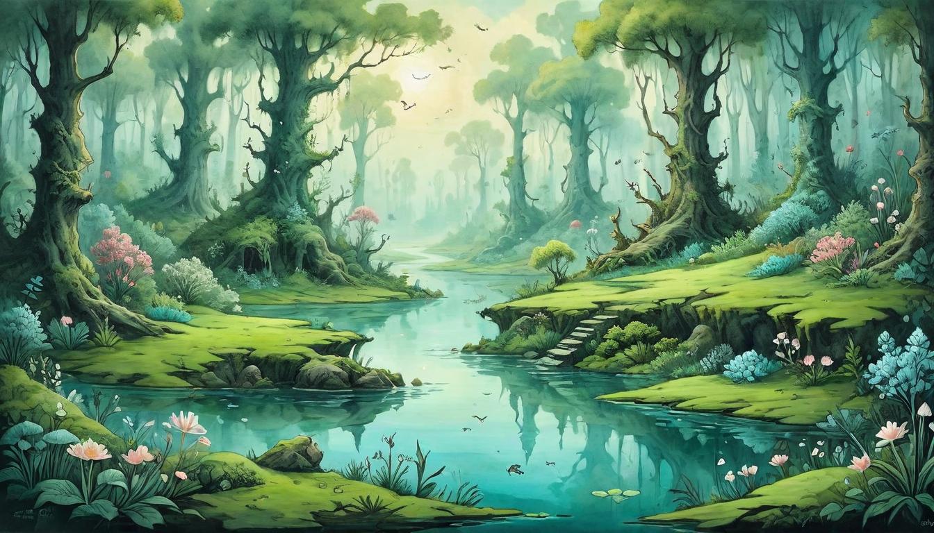  on parchment, surrealism+++, A crystal clear spring in a chaotic, overgrown forest, its waters reflecting a calm sky above, oasis of tranquility, clarity amidst chaos, natural serenity(mysterious, provocative, symbolic,muted color)+++