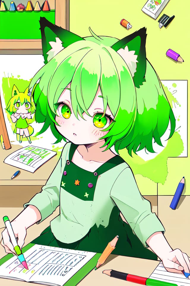  Green hair character with fox ears, crushed crayon, rough crayon color