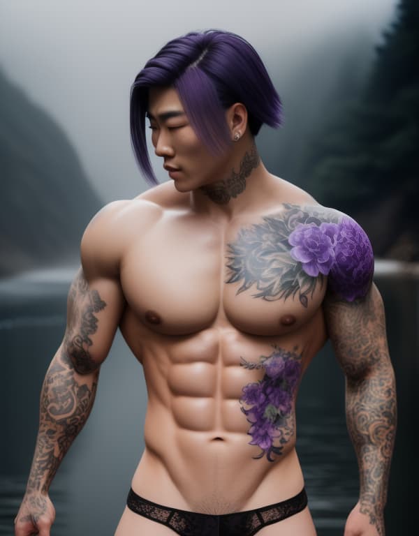  muscle, tattooed Chinese beautiful boy with purple lace and purple hair, taking a in river， whole dorsal body，chest hair hyperrealistic, full body, detailed clothing, highly detailed, cinematic lighting, stunningly beautiful, intricate, sharp focus, f/1. 8, 85mm, (centered image composition), (professionally color graded), ((bright soft diffused light)), volumetric fog, trending on instagram, trending on tumblr, HDR 4K, 8K
