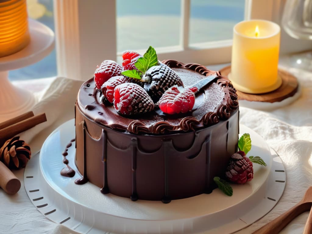  A photorealistic image of a vintage kitchen with a rustic wooden table adorned with a decadent chocolate cake, surrounded by antique baking tools like a whisk, rolling pin, and flour sifter. The cake is beautifully decorated with swirls of chocolate ganache and topped with fresh raspberries and mint leaves, exuding an irresistible aroma that fills the cozy kitchen. Sunlight streams in through a window, casting a warm glow on the scene, evoking a sense of nostalgia and the rich history of chocolate cakemaking. hyperrealistic, full body, detailed clothing, highly detailed, cinematic lighting, stunningly beautiful, intricate, sharp focus, f/1. 8, 85mm, (centered image composition), (professionally color graded), ((bright soft diffused light)), volumetric fog, trending on instagram, trending on tumblr, HDR 4K, 8K