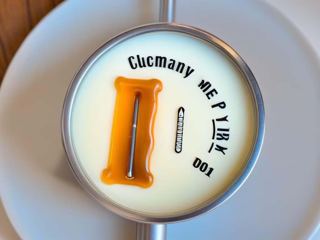  A closeup, ultradetailed image of a candy thermometer submerged in bubbling caramel, capturing the precise temperature control required in caramel making. The thermometer displays a perfect temperature reading, while the golden caramel swirls around it, showcasing the art and science of temperature management in confectionery. hyperrealistic, full body, detailed clothing, highly detailed, cinematic lighting, stunningly beautiful, intricate, sharp focus, f/1. 8, 85mm, (centered image composition), (professionally color graded), ((bright soft diffused light)), volumetric fog, trending on instagram, trending on tumblr, HDR 4K, 8K