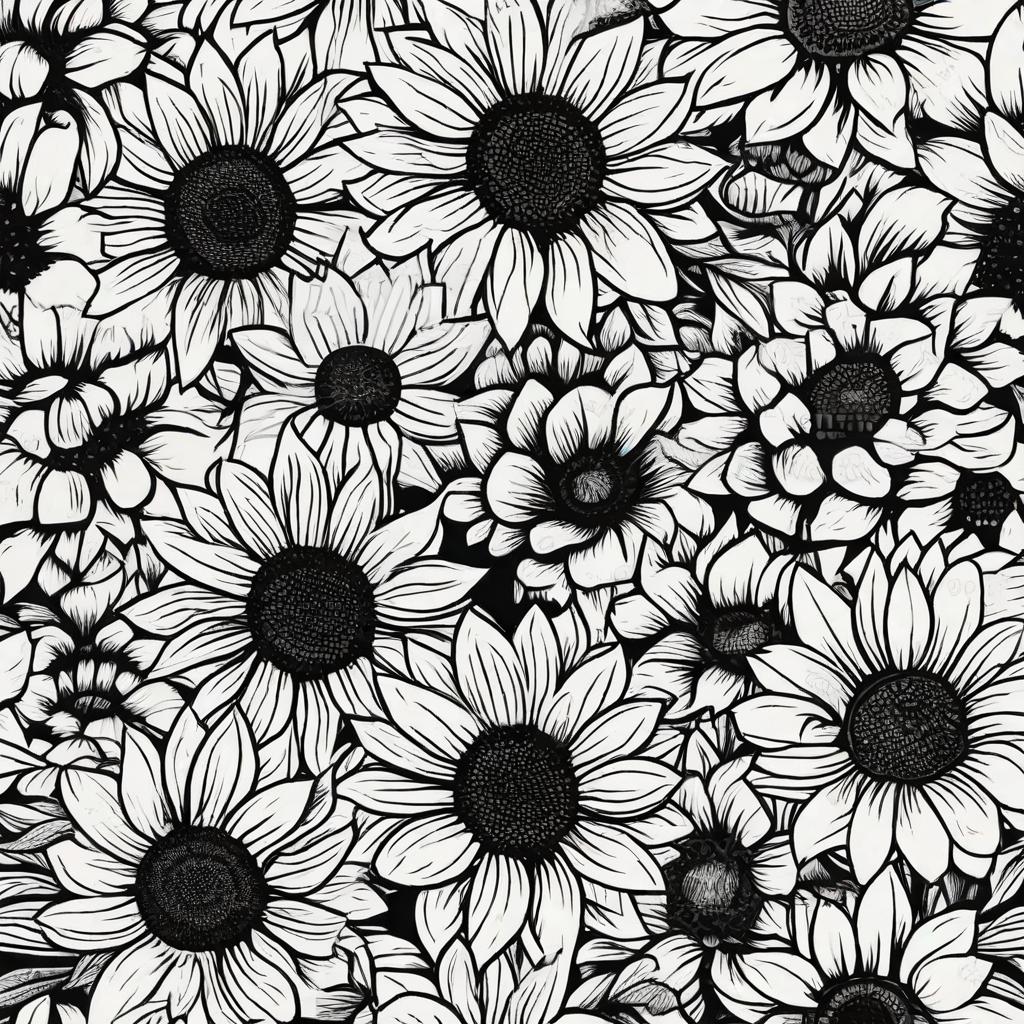  masterpiece, best quality, Black and white flower sleeve; includes a sunflower. Solid black line through and leave space until tattoo continues