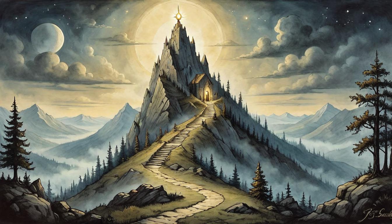  on parchment, surrealism+++, A beacon atop a mountain, light shining brightly into the night, guiding others, symbolizing the ability to lead and uplift, beacon of hope, pinnacle of strength, guiding light, leadership in darkness, summit of inspiration(mysterious, provocative, symbolic,muted color)+++