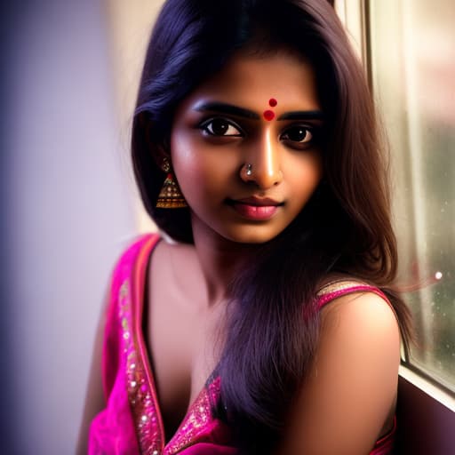  Indian beautiful woman portrait, glow soft lighting, window lighting, cute face, fair skin, sexy structure, homely look