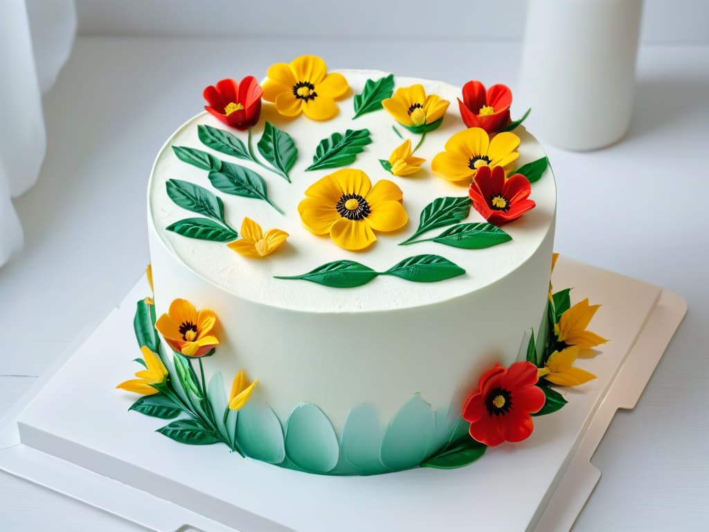  An ultradetailed 8k image featuring an array of colorful, intricately painted edible flowers and delicate brush strokes on a blank canvas of white fondant. The vibrant hues of the flowers pop against the pristine white background, showcasing the artistry and creativity that can be achieved with edible paint in cake decoration. Each petal and leaf is meticulously detailed, highlighting the precision and skill required for painting with edible mediums. The image exudes a sense of elegance and sophistication, making it a visually captivating representation of the possibilities of edible painting in creative pastry design. hyperrealistic, full body, detailed clothing, highly detailed, cinematic lighting, stunningly beautiful, intricate, sharp focus, f/1. 8, 85mm, (centered image composition), (professionally color graded), ((bright soft diffused light)), volumetric fog, trending on instagram, trending on tumblr, HDR 4K, 8K