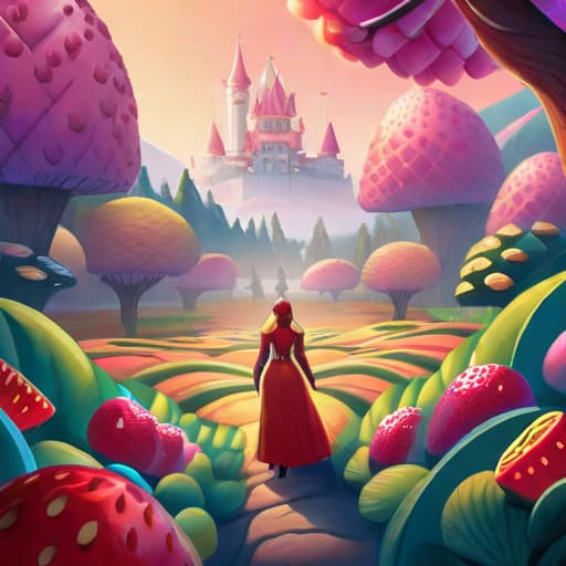  Prompt: "Finally arriving at Candy Kingdom, Strawberry Princess marvels at the beauty of a land awash with sweets, feeling a sense of immense joy. The image depicts a spectacular scenery of the Candy Kingdom, brimming with delightful candy trees, drenched in a sweet aroma and colors. The kingdom in all its brightness and glory is a playground of different sweets, each one unique and attractive yet fitting harmoniously into the landscape. In the middle of this candy haven stands our protagonist, Strawberry Princess, a beacon of wonder and delight. Her gleaming eyes reflect the enchanting surroundings, mirroring the vivid colors of the sweets. Her infectious joy and excitement fills the air as she explores the mesmerizing kingdom, the sp hyperrealistic, full body, detailed clothing, highly detailed, cinematic lighting, stunningly beautiful, intricate, sharp focus, f/1. 8, 85mm, (centered image composition), (professionally color graded), ((bright soft diffused light)), volumetric fog, trending on instagram, trending on tumblr, HDR 4K, 8K